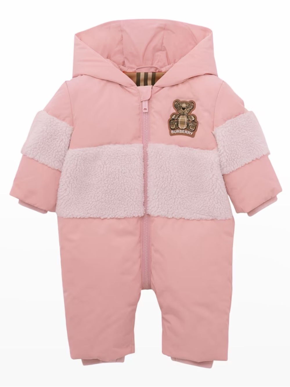 Burberry Pink Hooded Teddy-Patch Insulated One-Piece